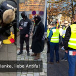 Collage aus 3 Bildern: 1. Kampf des Vermummten mit Polizisten und Polizistin /Gesichter verpic´xelt) 2. 2 Vermummte 3. Gelbwesten am Treffpunkt