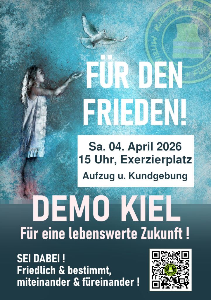 Der Flyer mit Termin und Treffpunkt. Hintergrundbild: Ein Mädchen - gezeichnet im Stil von Banksy - lässt eine weiße Friedenstaube fliegen.