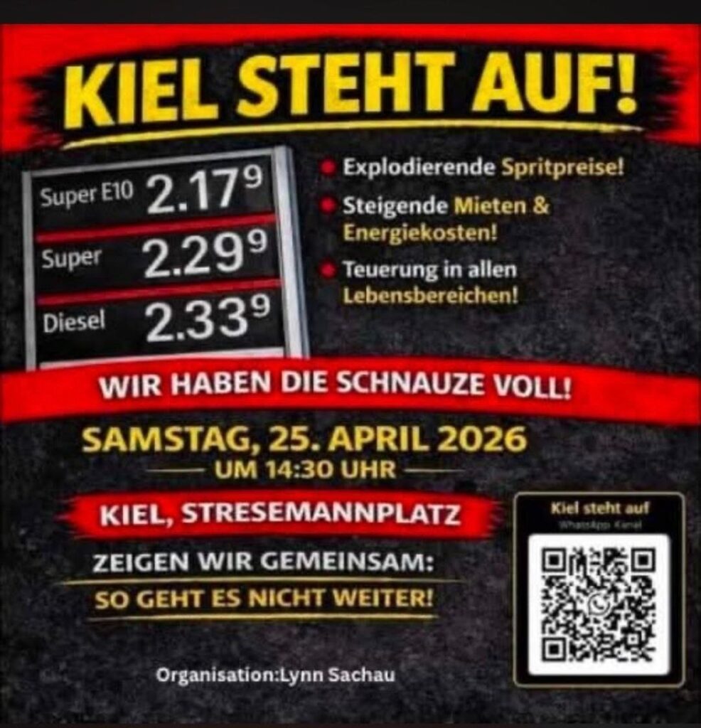 Der Flyer mit den Eckpunkten: Samstag, 25.04.26, 14.30 Uhr, Kiel Stresemannplatz.