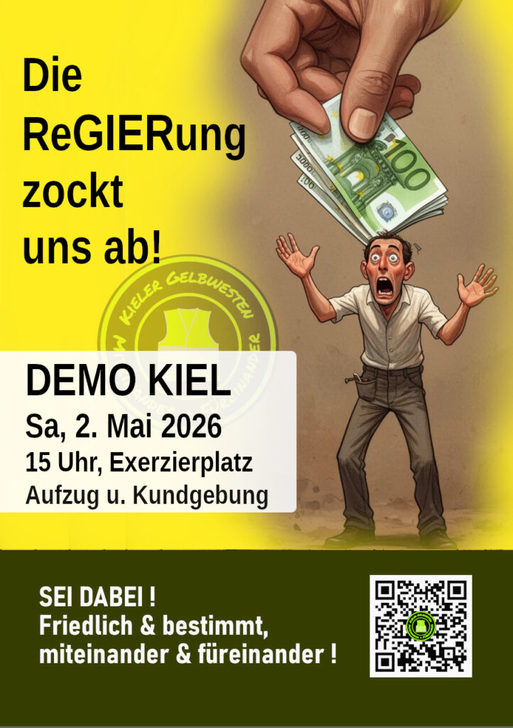Der Flyer. Als Bild die Grafik von einem entsetzt schauenden Mann, der seine Arme in die Luft hält, während ihm von einer großen Hand hinten die 100-Euro-Scheine rausgezogen werden. Im Text: Hinweis zu Treffpunkt, Thema etc.