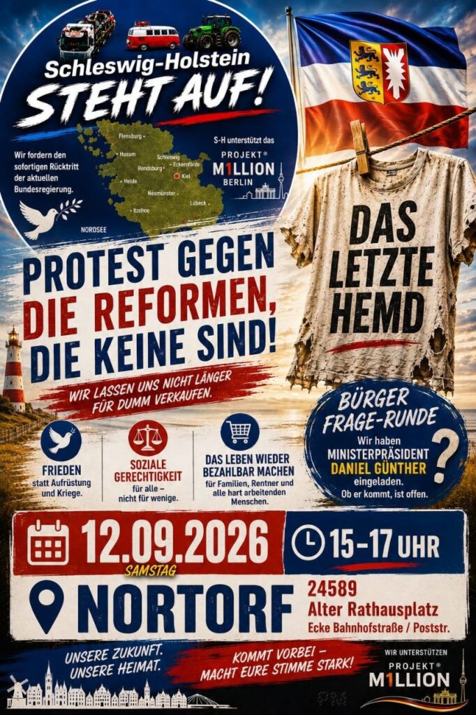 Flyer mit den Eckdaten. Nortorf, 12.09.26, 15 - 17 Uhr, Alter Rathausplatz (Ecke Bahnhofstr./Poststr.)